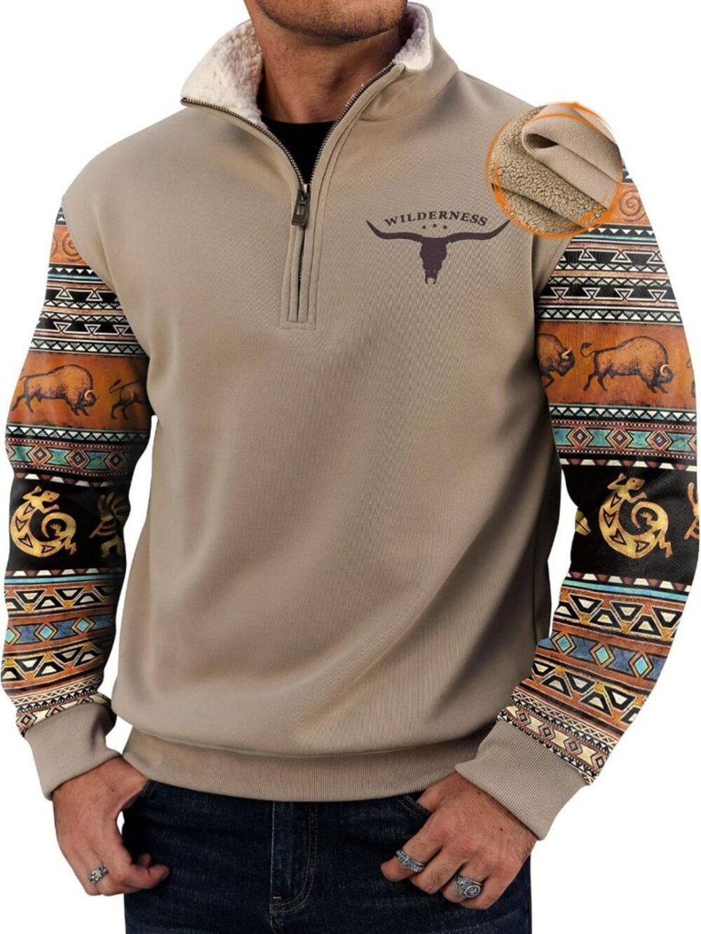 Men's Western Quarter Zip Fleece Pullover - Cozy Aztec Print Sweatshirt